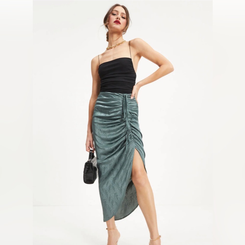 GARCELLE RUCHED EMBOSSED SATIN MAXI SKIRT - DARK SAGE
